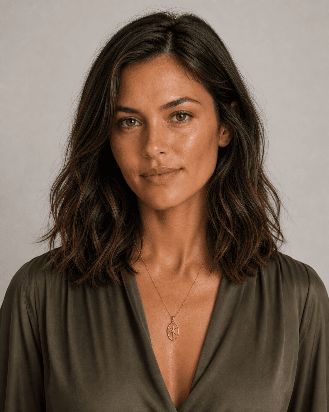 Eliza Mercer in an olive blouse, wearing her antique compass pendant