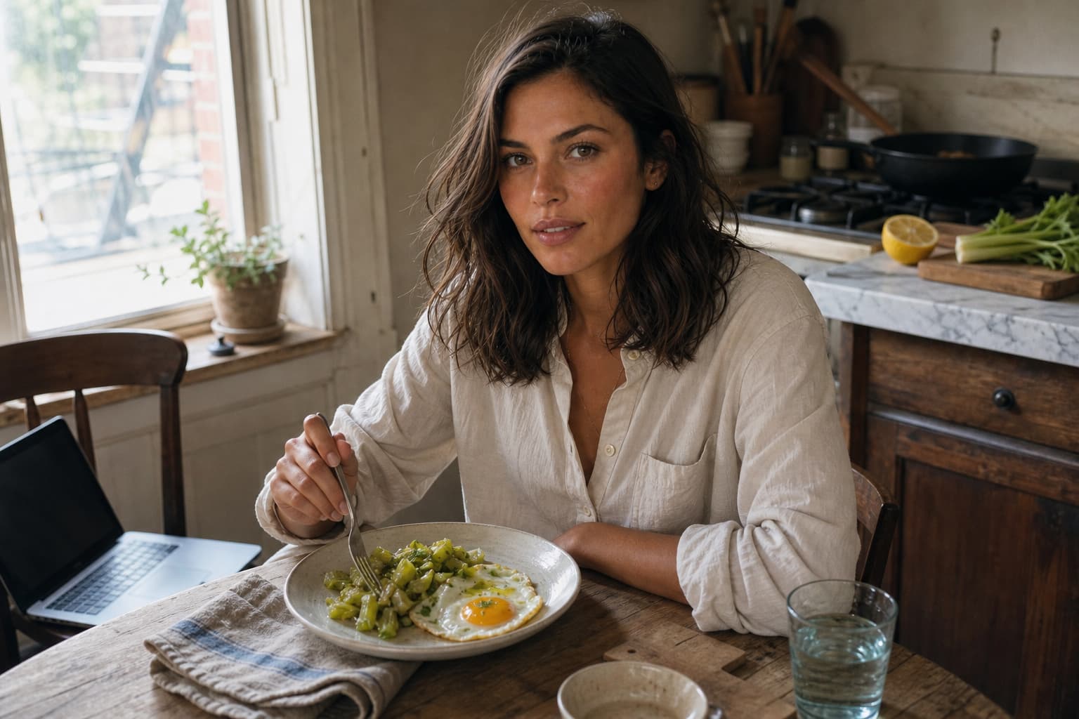 Eliza eating celery and a fried egg at the kitchen table in her Cobble Hill apartment.