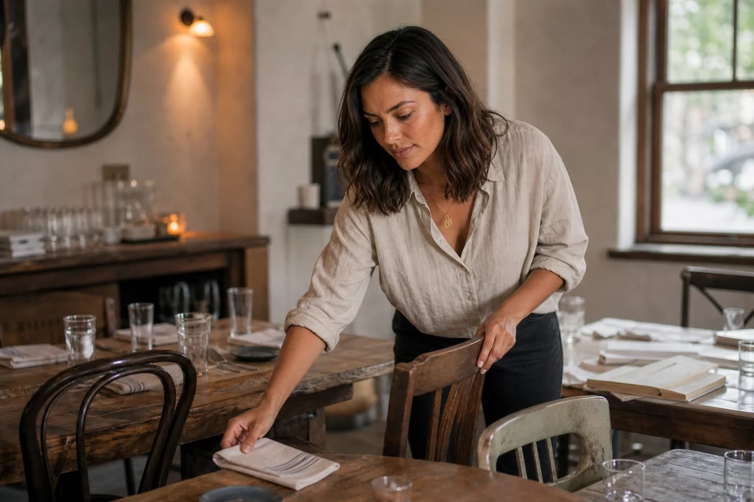 Eliza quietly adjusting a place setting in a warm neighborhood dining room
