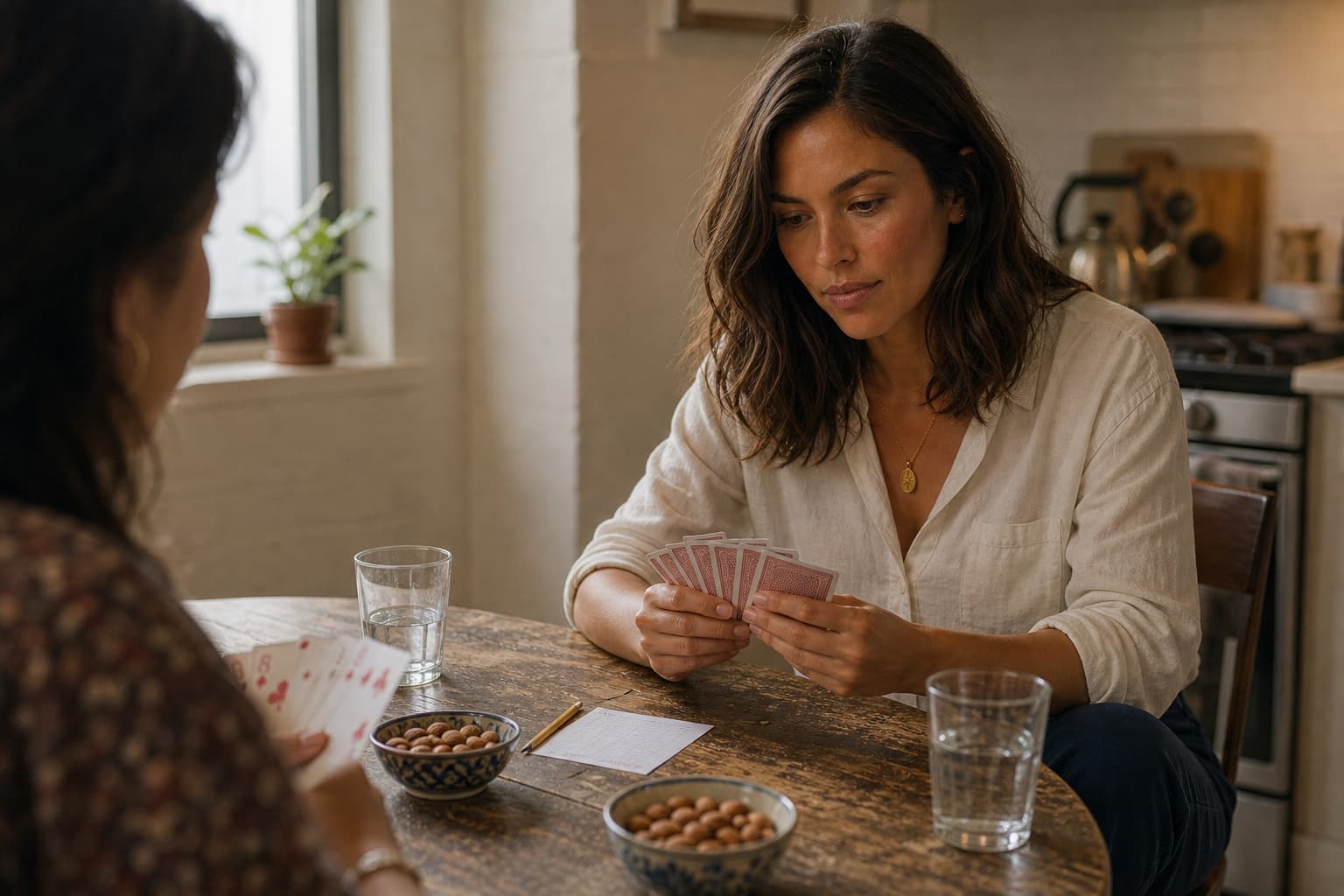 Eliza holding playing cards at her kitchen table, with a pencil, a score sheet, and two bowls of almonds between her and a friend.