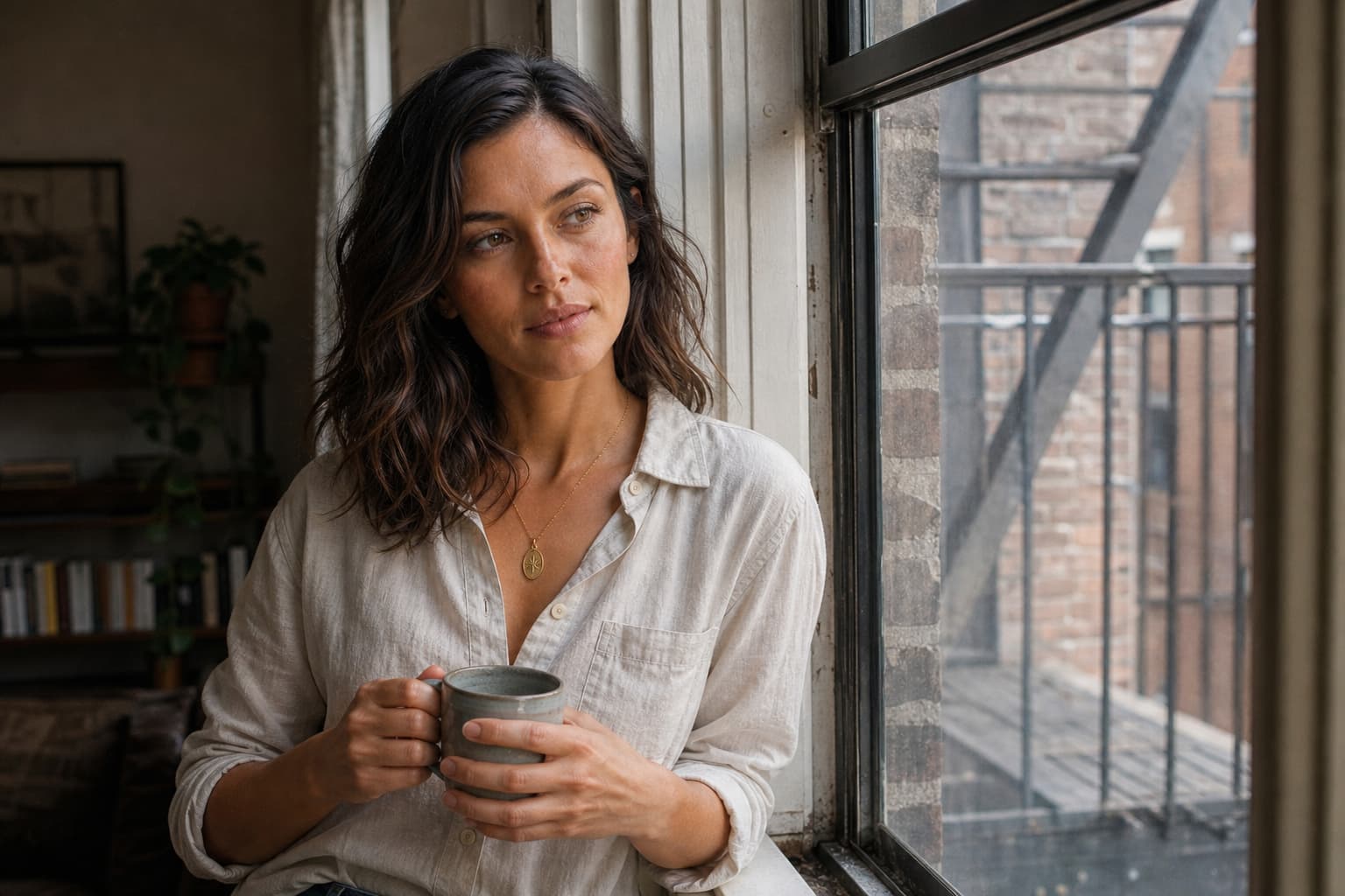 Eliza holding a mug beside a partly open window overlooking the brick courtyard of her Cobble Hill apartment.
