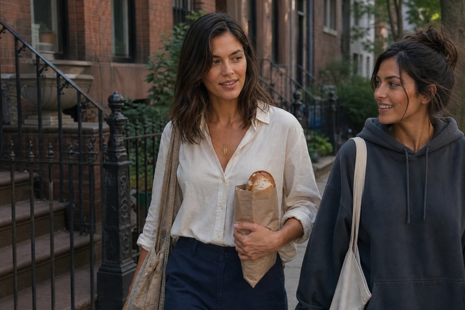 Eliza walking along a Cobble Hill sidewalk with a paper-wrapped loaf beside a friend.