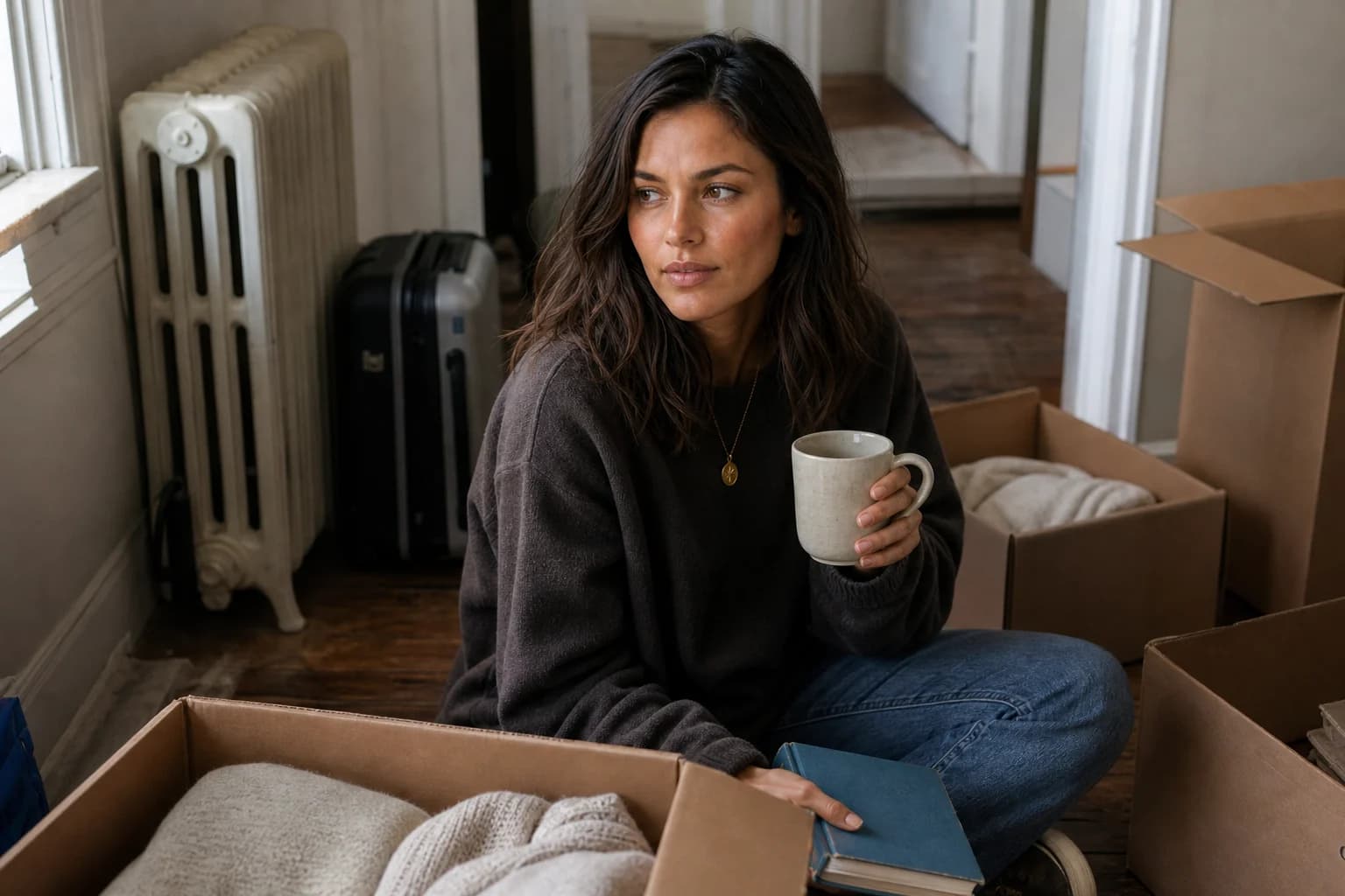Eliza sitting among partly opened moving boxes in a modest New York apartment